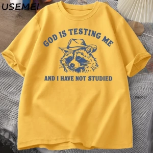 Tanrı Bana Test Ediyor Komik Rakun T-shirt Erkekler Kadınlar için Baskılı Gevşek Rahat Rahat  3076