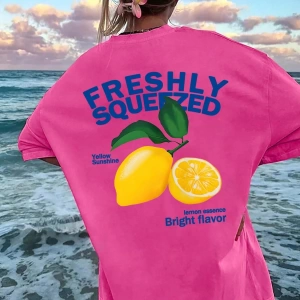 TAZE SIKILMIŞ Yaz Limon Tatil Havası Grafik Büyük Boy Bol Kesim Yuvarlak Yaka Kısa Kollu Tişö