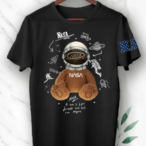 Teddy Bear Nasa Tasarım Baskılı Siyah Tişört