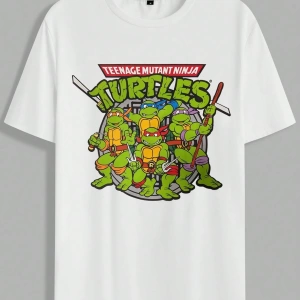 TEENAGE MUTANT NINJA TURTLES X SHEIN Erkek Baskılı Rahat Yuvarlak Yaka Kısa Kollu Örgü Tişört