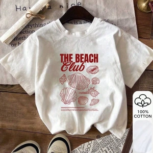 The Beach Club & Shell Print Yazlık Bayan %100 Pamuk Kısa Kollu, Günlük Kadın Giyim, Günlük Y
