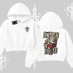 The Owner of House Kedi Arka Baskılı Kapşonlu Crop Sweatshirt