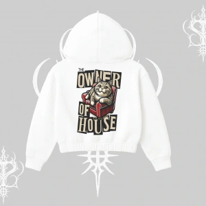 The Owner of House Kedi Arka Baskılı Kapşonlu Crop Sweatshirt