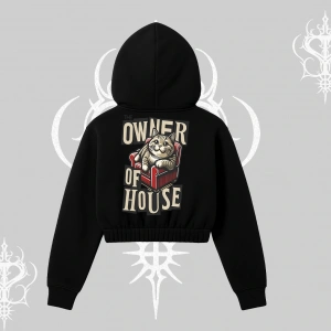 The Owner of House Kedi Arka Baskılı Kapşonlu Crop Sweatshirt