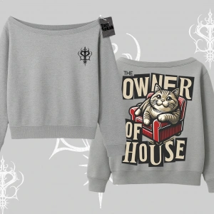The Owner of House Kedi Arka Baskılı Kayık Yaka Sweatshirt