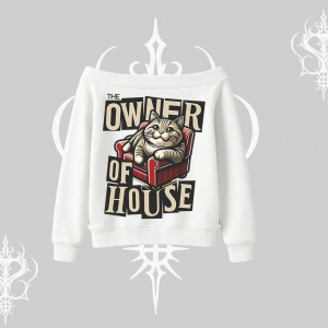 The Owner of House Kedi Arka Baskılı Kayık Yaka Sweatshirt