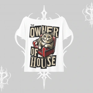 The Owner of House Kedi Arka Baskılı Kayık Yaka Tshirt