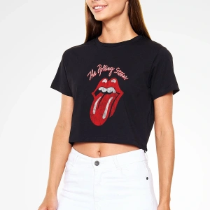 The Rolling Stones Logo Siyah Crop Top Tişört