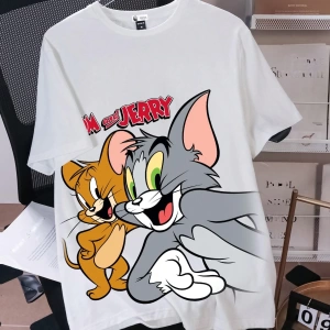 TOM & JERRY X SHEIN Erkek Yaz Rahat Karikatür Kedi Baskılı Kısa Kollu Tişört