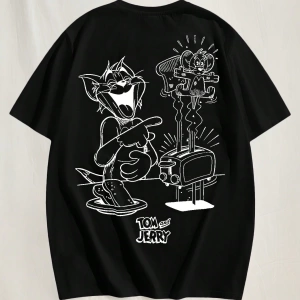 TOM & JERRY X SHEIN Unisex Rahat Fitted Karikatür Siyah Beyaz Karikatür Grafik Kısa Kollu Tiş