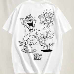 TOM & JERRY X SHEIN Unisex Rahat Fitted Karikatür Siyah Beyaz Karikatür Grafik Kısa Kollu Tiş