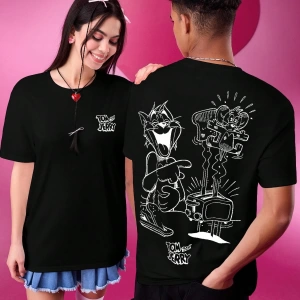 TOM & JERRY X SHEIN Unisex Rahat Fitted Karikatür Siyah Beyaz Karikatür Grafik Kısa Kollu Tiş