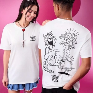 TOM & JERRY X SHEIN Unisex Rahat Fitted Karikatür Siyah Beyaz Karikatür Grafik Kısa Kollu Tiş