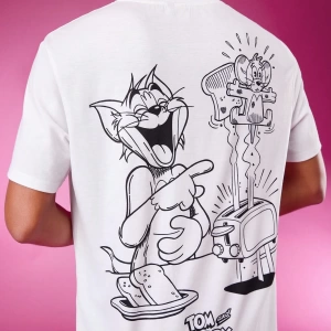 TOM & JERRY X SHEIN Unisex Rahat Fitted Karikatür Siyah Beyaz Karikatür Grafik Kısa Kollu Tiş