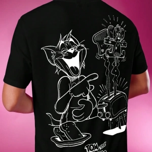 TOM & JERRY X SHEIN Unisex Rahat Fitted Karikatür Siyah Beyaz Karikatür Grafik Kısa Kollu Tiş