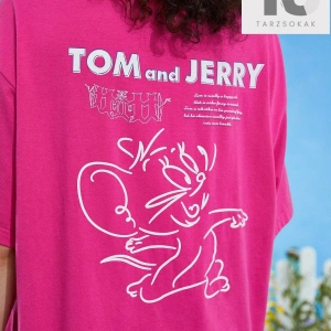 TOM & JERRY X Sloganlı ve Karikatür Grafikli Düşük Omuzlu Oversize Tişört