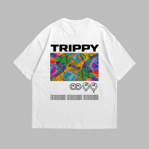 Trippy Baskılı Oversize Unisex Beyaz