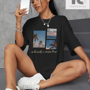 Tropikal Ve Slogan Grafikli Düşük Omuzlu Tişört