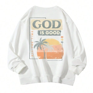 Tropikal ve Slogan Grafikli Düşük Sweat Beyaz