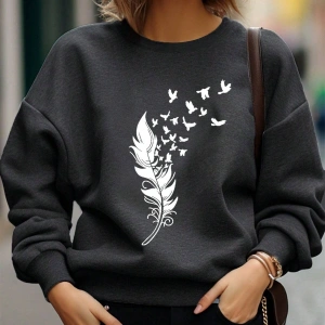 Tüy ve Kuş Desenli Damla Omuz Sweat Gri