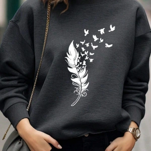 Tüy ve Kuş Desenli Damla Omuz Sweat Gri