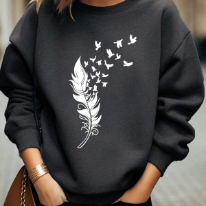 Tüy ve Kuş Desenli Damla Omuz Sweat Gri