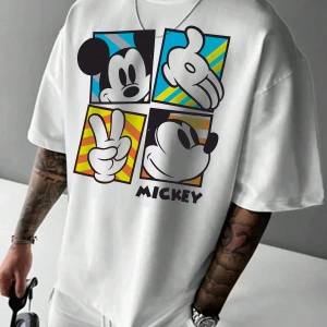 Unique----Unisex Kadın Erkek Mickey Mous Özel Baskılı Oversize Pamuk Penye T-shirt Beyaz
