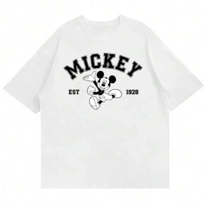 Unique----Unisex Kadın Erkek Mickey Mous Özel Baskılı Oversize Pamuk Penye T-shirt Beyaz