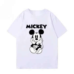 Unique----Unisex Kadın Erkek Mickey Mous Özel Baskılı Oversize Pamuk Penye T-shirt Beyaz