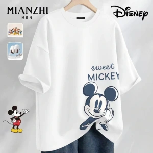 Unique----Unisex Kadın Erkek Mickey Mous Özel Baskılı Oversize Pamuk Penye T-shirt Beyaz