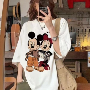 Unique----Unisex Kadın Erkek Mickey Mous Özel Baskılı Oversize Pamuk Penye T-shirt Beyaz