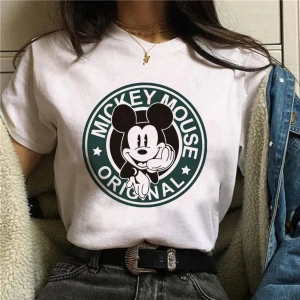 Unique----Unisex Kadın Erkek Mickey Mous Özel Baskılı Oversize Pamuk Penye T-shirt Beyaz