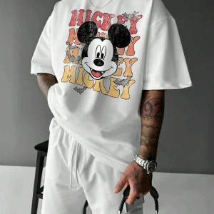 Unique----Unisex Kadın Erkek Mickey Mous Özel Baskılı Oversize Pamuk Penye T-shirt Beyaz