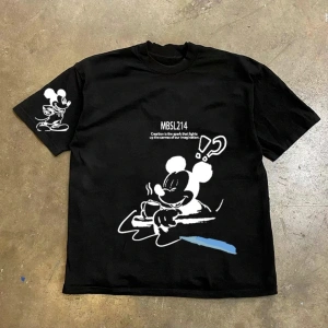 Unique----Unisex Kadın Erkek Mickey Mous Özel Baskılı Oversize Pamuk Penye T-shirt Siyah