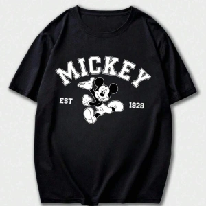 Unique----Unisex Kadın Erkek Mickey Mous Özel Baskılı Oversize Pamuk Penye T-shirt Siyah