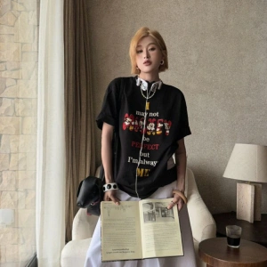 Unique----Unisex Kadın Erkek Mickey Mous Özel Baskılı Oversize Pamuk Penye T-shirt Siyah