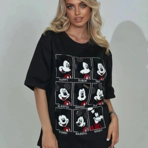 Unique----Unisex Kadın Erkek Mickey Mous Özel Baskılı Oversize Pamuk Penye T-shirt Siyah