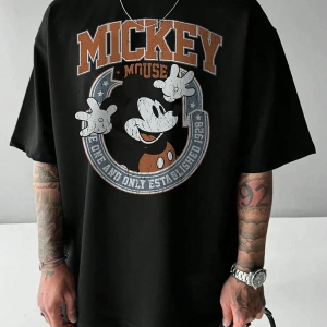 Unique----Unisex Kadın Erkek Mickey Mous Özel Baskılı Oversize Pamuk Penye T-shirt Siyah