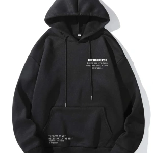 Unique----Unisex Siyah Happiest Baskılı Oversize Kapşonlu Sweatshirt