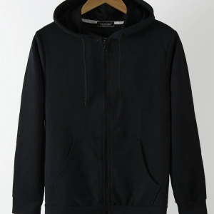 Ünisex Basic Slim Fit Kapüşonlu Fermuarlı Cepli Sweatshirt Siyah