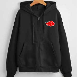 Unisex Baskılı Kapüşonlu Fermuarlı Sweatshirt Siyah