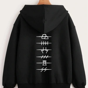 Unisex Baskılı Kapüşonlu Fermuarlı Sweatshirt Siyah