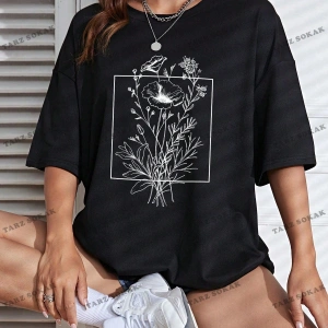 Unisex BAY  Çiçek Desenli Düşük Omuz Tişört KOD-1333