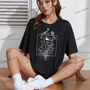 Unisex BAY  Çiçek Desenli Düşük Omuz Tişört KOD-1333