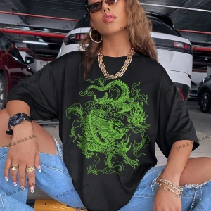 Unisex BAY  Ejderha Baskılı Düşük Omuz Kısa Kollu Tişört KOD-1349