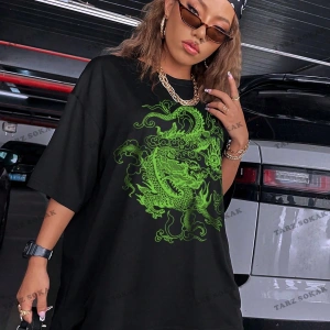 Unisex BAY  Ejderha Baskılı Düşük Omuz Kısa Kollu Tişört KOD-1349