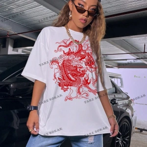 Unisex BAY  Ejderha Baskılı Düşük Omuz Kısa Kollu Tişört KOD-1349