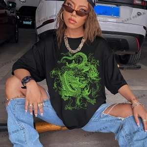 Unisex BAY  Ejderha Baskılı Düşük Omuz Kısa Kollu Tişört KOD-1349