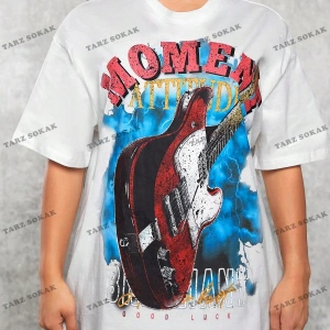 Unisex BAY  Gitar ve Harf Grafikli Düşük Omuz Tişört Bol Tişört Erkek Arkadaşı Stili  KOD-1312