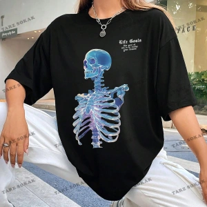 Unisex BAY  Goth Kadın Kafatası Desenli Damla Omuz T-shirt KOD-1368